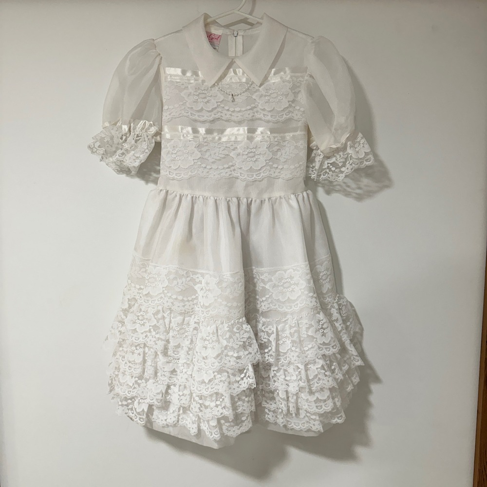 Merry Girl Vintage 1984 Party Dress Girl 7 White Lace Ruffle Tiered Coquette 80s